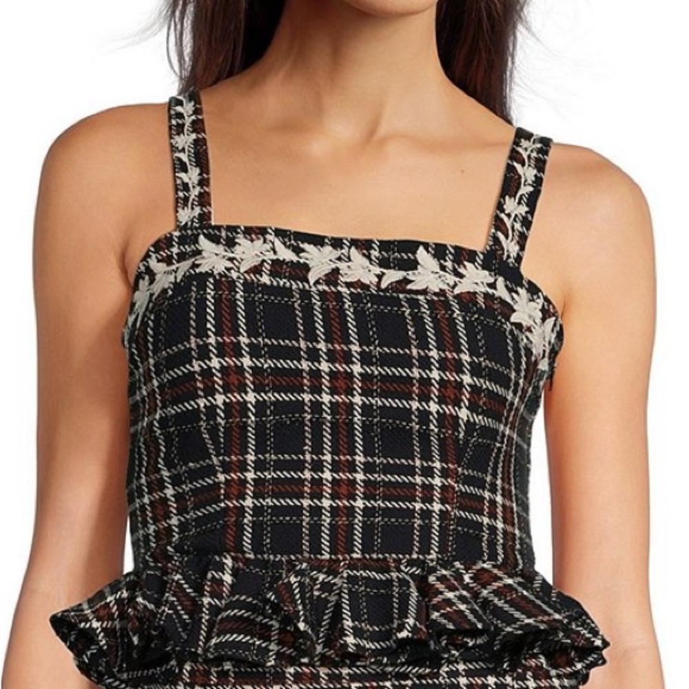 FANM MON Tartan Plaid Peplum Ruffle Embroidered Tank Size M